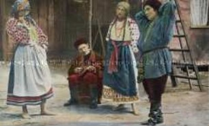 Paare in russisch-polnischer Volkstracht beim Tanzen (zweisprachig)