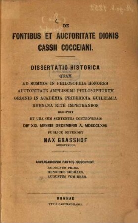 De fontibus et auctoritate Dionis Cassii Cocceiani : Dissertatio inauguralis