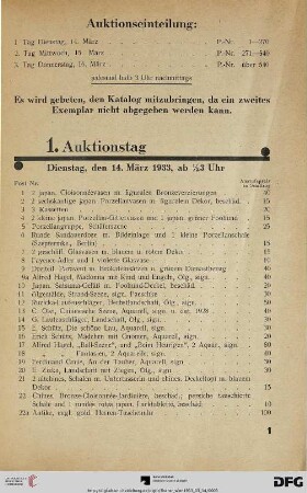 1. Auktionstag Dienstag, den 14. März 1933, ab ½ 3 Uhr (Nr. 1-270)