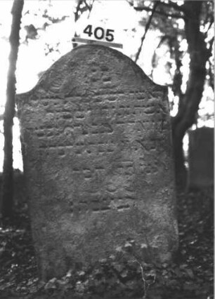 Grabstein 405 (Index: 99898295) Material: Sandstein Zustand: stark verwittert Maße HxBxT: 118x68x10 cm Beschreibung: Stele mit Konvexbogenabschluss: Grabstein 405