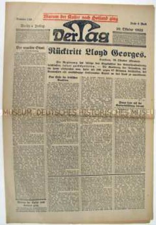 Berliner Tageszeitung "Der Tag" u.a. zum Rücktritt des britischen Premierministers Lloyd George