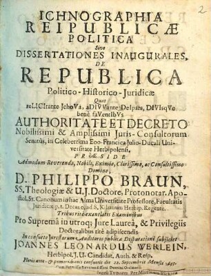 Ichnographia Reipublicae Politica Sive Dissertationes Inaugurales,De Republica Politico-Historico-Juridicae
