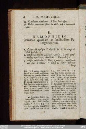 II. Demophili sententiae quaedam et similitudines Pythagoraeorum.