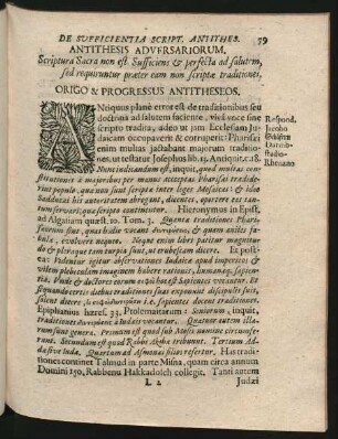 Antithesis Adversariorum. Scriptura Sacra non est Sufficiens & perfecta ad salutem, sed requiruntur praeter eam non scriptae traditiones.
