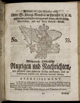No. 33. Montags, den 14ten Augustus 1769.
