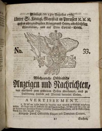 No. 33. Montags, den 14ten Augustus 1769.