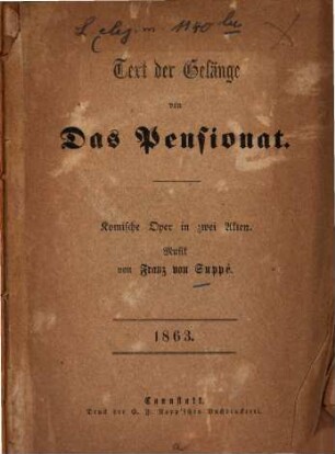 Das Pensionat : komische Oper in 2 Bildern