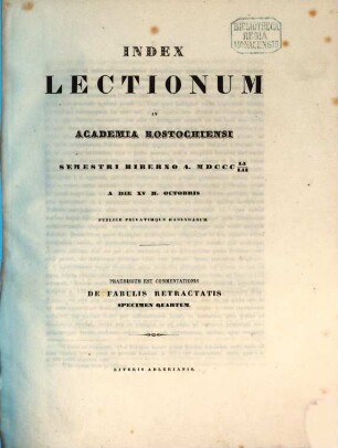 Index lectionum in Academia Rostochiensi ... publice privatimque habendarum, WS 1851/52