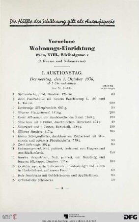 I. Auktionstag. Donnerstag, den 1. Oktober 1936, ab 3 Uhr nachmittags (Nr. 1-188)