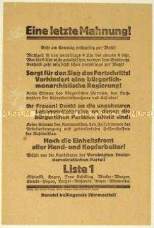 Aufruf der Vereinigten SPD zur sächsischen Landtagswahl 1922