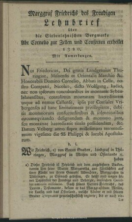 Markgraf Friedrichs des Freudigen Lehnbrief über die Siebenlehnischen Bergwerke