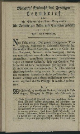 Markgraf Friedrichs des Freudigen Lehnbrief über die Siebenlehnischen Bergwerke
