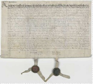 Johan Tobing, Sohn des verstorbenen Jorgens, und Johan Perdey, Schulmeister zu Herforde, einigen sich über gewisse Einkünfte der 1. Vikarie am Matthaei Altar zu St. Johannis. Es besiegeln die Ratsmannen Hartwich Semmelbecker und Johan Tobing.