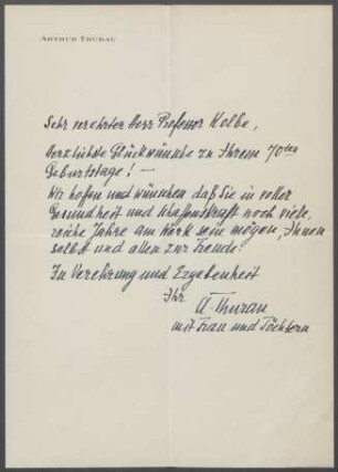 Brief von Arthur Thurau an Georg Kolbe