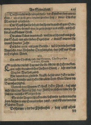 VIII. Ein ander Christlich Lied/ der Hymnus, Christe qui lux es & dies, Deutsch.