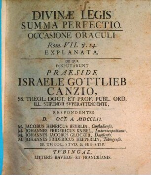 Divinae legis summa perfectio : occasione oraculi Rom. VII, v. 14 explanata