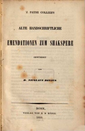 J. Payne Collier's alte handschriftliche Emendationen zum Shakspere