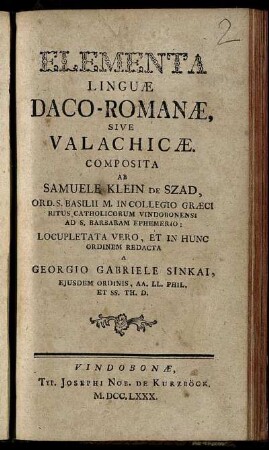 Elementa Linguæ Daco-Romanæ, Sive Valachicæ