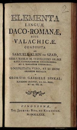 Elementa Linguæ Daco-Romanæ, Sive Valachicæ