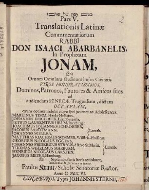 Pars V. Translationis Latinæ Commentariorum Rabbi Don Isaaci Abarbanelis, in Prophetam Jonam