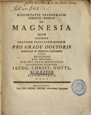 Dissertatio Inauguralis Chemico-Medica De Magnesia