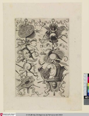 [Le premier trophée offre en bas un bouclier, orné d'une espèce d'ecrevisse; Six Shields, One with a kind of Crayfish; Sechs Schilder, einer mit einer Krebsart]