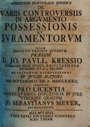 Diss. inaug. iur. de variis controversiis in argumento possessionis et iuramentorum