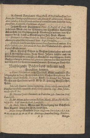 Nachfolgende Bücher seynd nicht mit nach Franckfurt kommen.