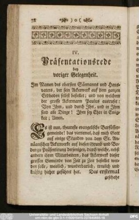IV. Präsentationsrede bey voriger Gelegenheit.