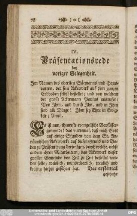 IV. Präsentationsrede bey voriger Gelegenheit.