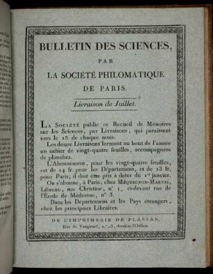 Bulletin Des Sciences, Par La Société Philomatique De Paris. Livraison de Juillet.