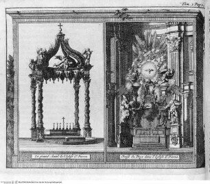 Les delices de l'Italie... 6 Bände. (2. und 3. Band), 2. Band, Falttafel vor Seite 103: Le grand Autel de l'Eglise S.t Pierre - Chaise du Pape dans l'Eglise S.t Pierre