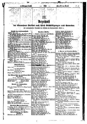 III. Verzeichniß der Einwohner Berlins nach ihren Beschäftigungen und Gewerben
