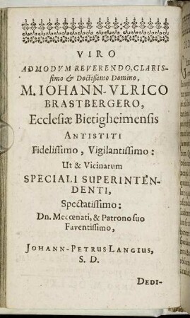 Viro ... M. Johann-Ulrico Brastbergero, Ecclesiae Bietigheimensis Antistiti ...