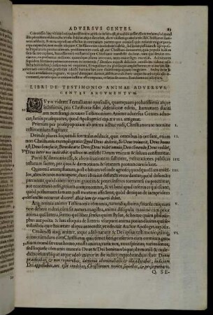 Libri De Testimonio Animae Adversus Gentes Argumentum.