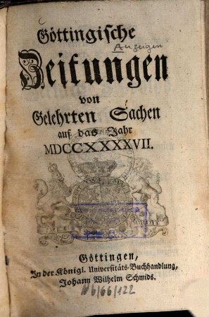 Göttingische Zeitungen von gelehrten Sachen : auf das Jahr .... 1747, 1747
