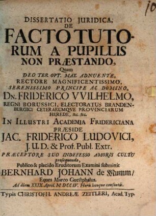 Dissertatio Juridica, De Facto Tutorum A Pupillis Non Praestando