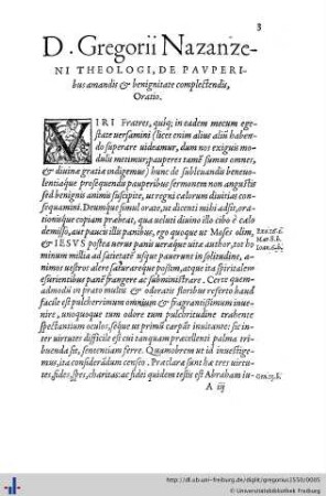 D. Gregorii Nazaneni theologi, de pauperibus amandis et benignitate complectendis, Oratio.