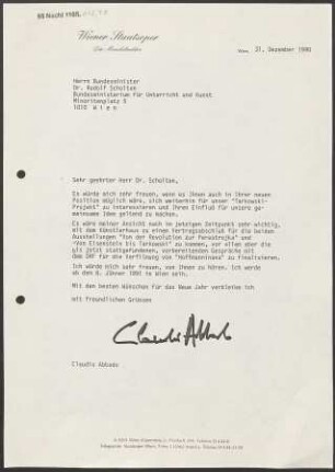 Brief an Rudolf Scholten an Bundesministerium für Unterricht und Kunst, 31.12.1990