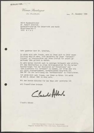 Brief an Rudolf Scholten an Bundesministerium für Unterricht und Kunst, 31.12.1990