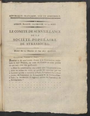 Le Comité De Surveillance De La Société Populaire De Strasbourg : Séance de 24 Messidor de l'an deux républicain