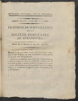 Le Comité De Surveillance De La Société Populaire De Strasbourg : Séance de 24 Messidor de l'an deux républicain