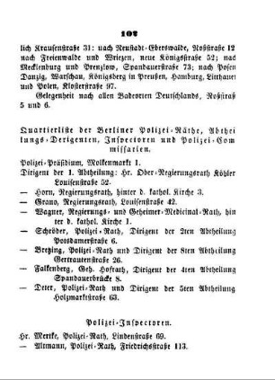 Quartierliste der Berliner Polizei-Räthe, Abtheilungs-Derigenten, Inspectoren und Polizei-Comissarien