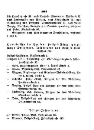 Quartierliste der Berliner Polizei-Räthe, Abtheilungs-Derigenten, Inspectoren und Polizei-Comissarien
