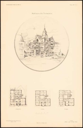 Rathaus, Tarnowitz: Perspektivische Ansicht, Grundriss EG, 1. OG, 2. OG (aus: Entwürfe von Mitgl. d. AVB, Neue Folge 1896)