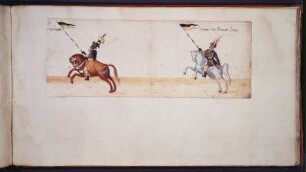 Aufzug zur Fastnacht 1609 in Dresden : Reiter mit Standarte und Heinrich von Güteradt zu Pferd die 40. Part. eröffnend. 40. Part, Blatt 110 aus: Abriß und Verzeichnis aller Inventionen und Aufzüge, welche an Fastnachten Anno 1609 im kurfürstl. Schlosse zu Dresden aufgeführt wurden. Deckfarben; ca. 28,9 x 52,7 cm. Dresden: SLUB Mscr.Dresd.J.18