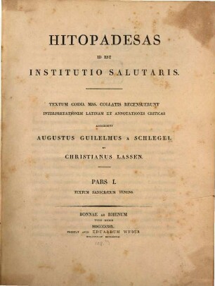 Hitopadesas : id est institutio salutaris. P. I, Textum sanscritum tenens