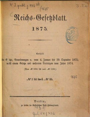 Reichsgesetzblatt. 1875