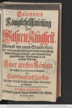Salomonis Königliche Anleitung Zur Wahren Klugheit
