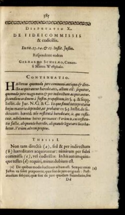 Disputatio X. De Fideicommissis & codicillis.